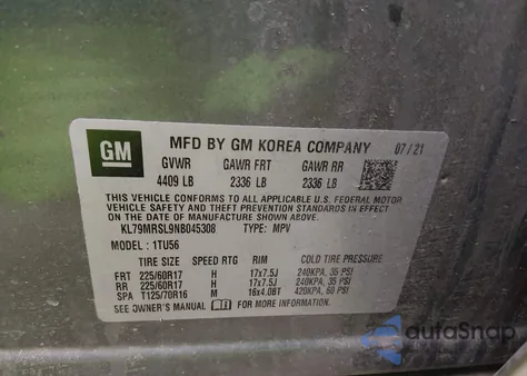 2022 Chevrolet Trailblazer Awd Lt from USA, damaged, VIN KL79MRSL9NB045308